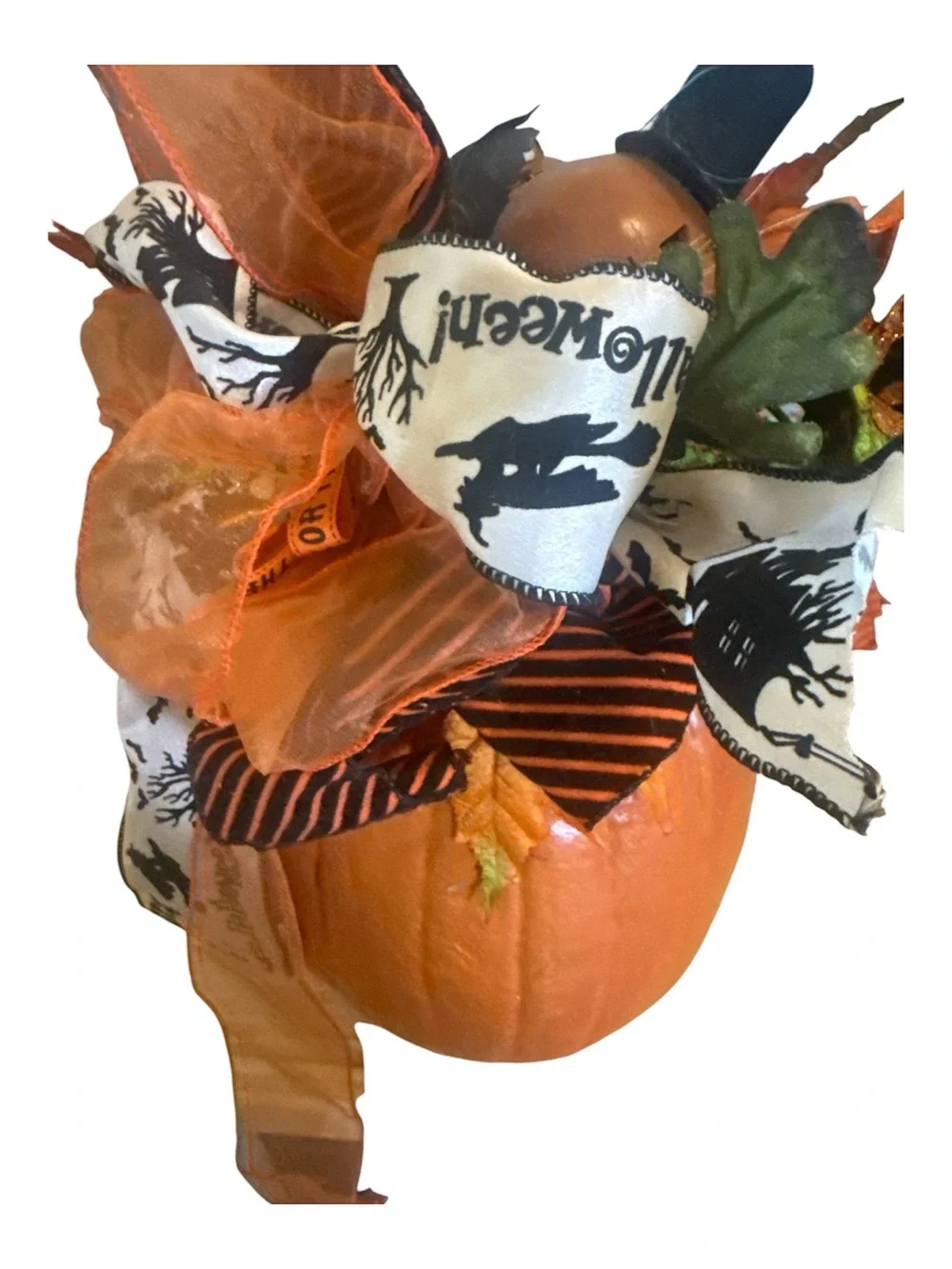 Fall Halloween Decor Orange Pumpkin Floral Accent with Black & Orange Ribbon